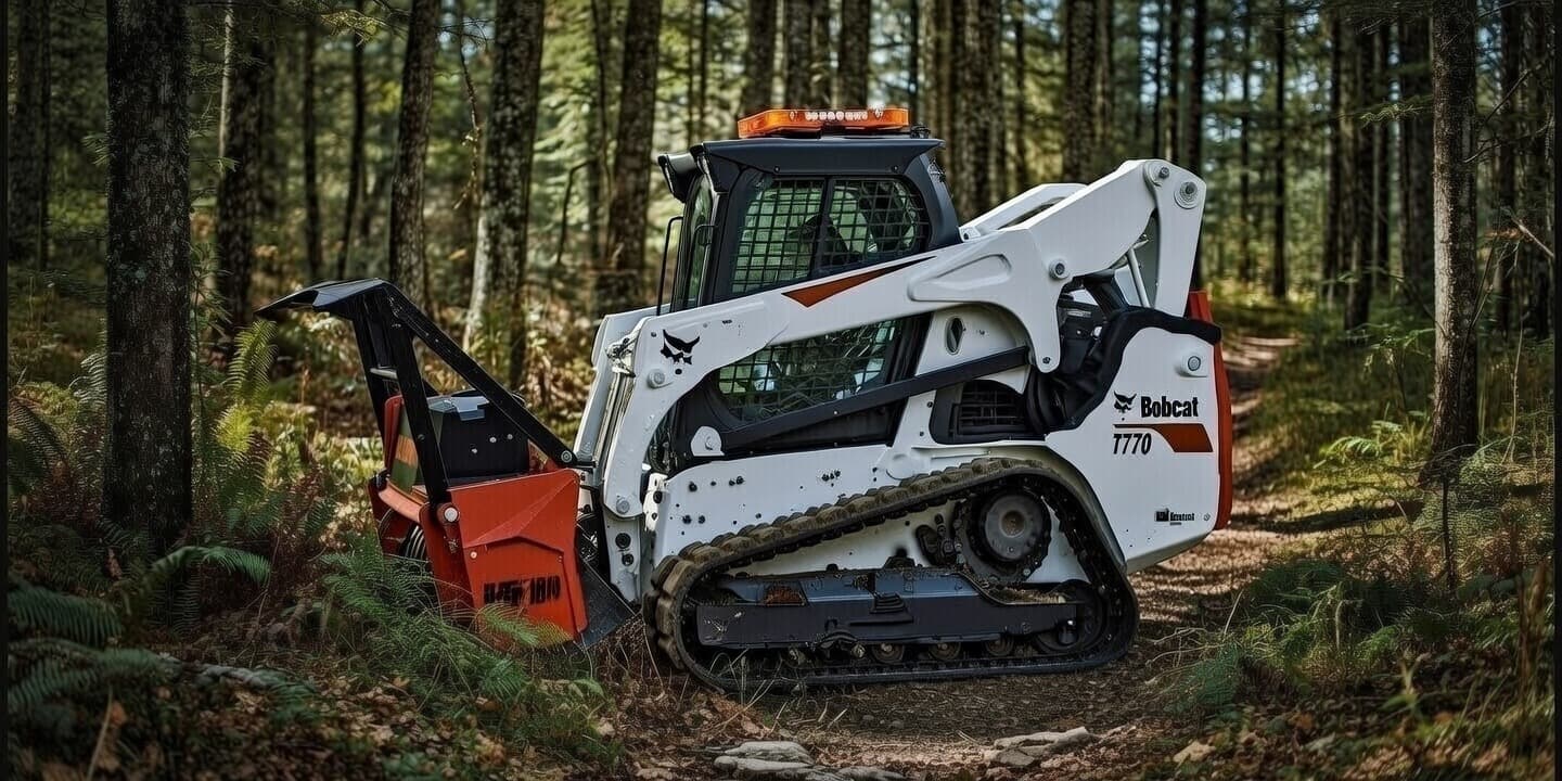 Bobcat T770 forestry mulcher working among tall pine trees